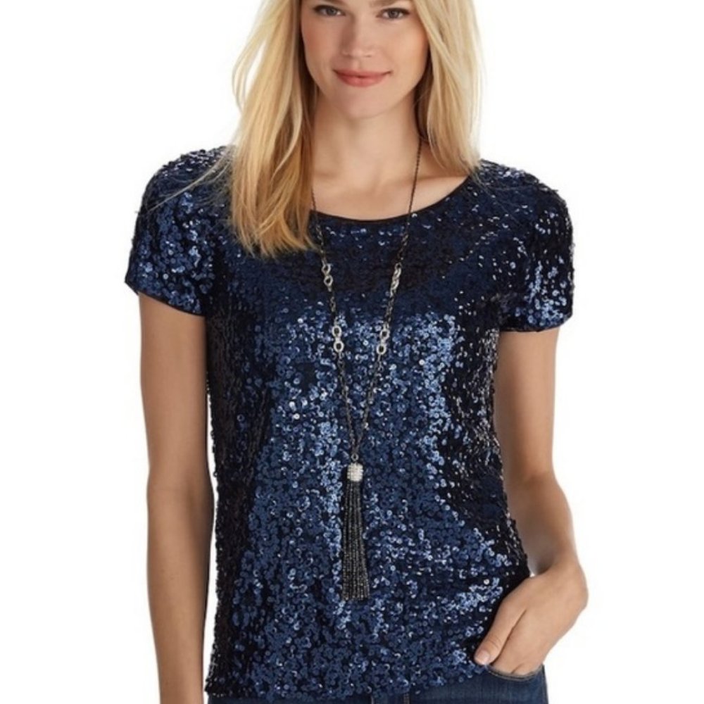 White House Black Market Blue Sequin Top - Size Small